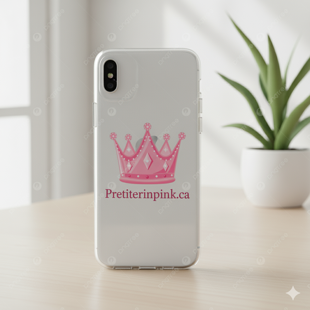 Clear phone case with pink crown design